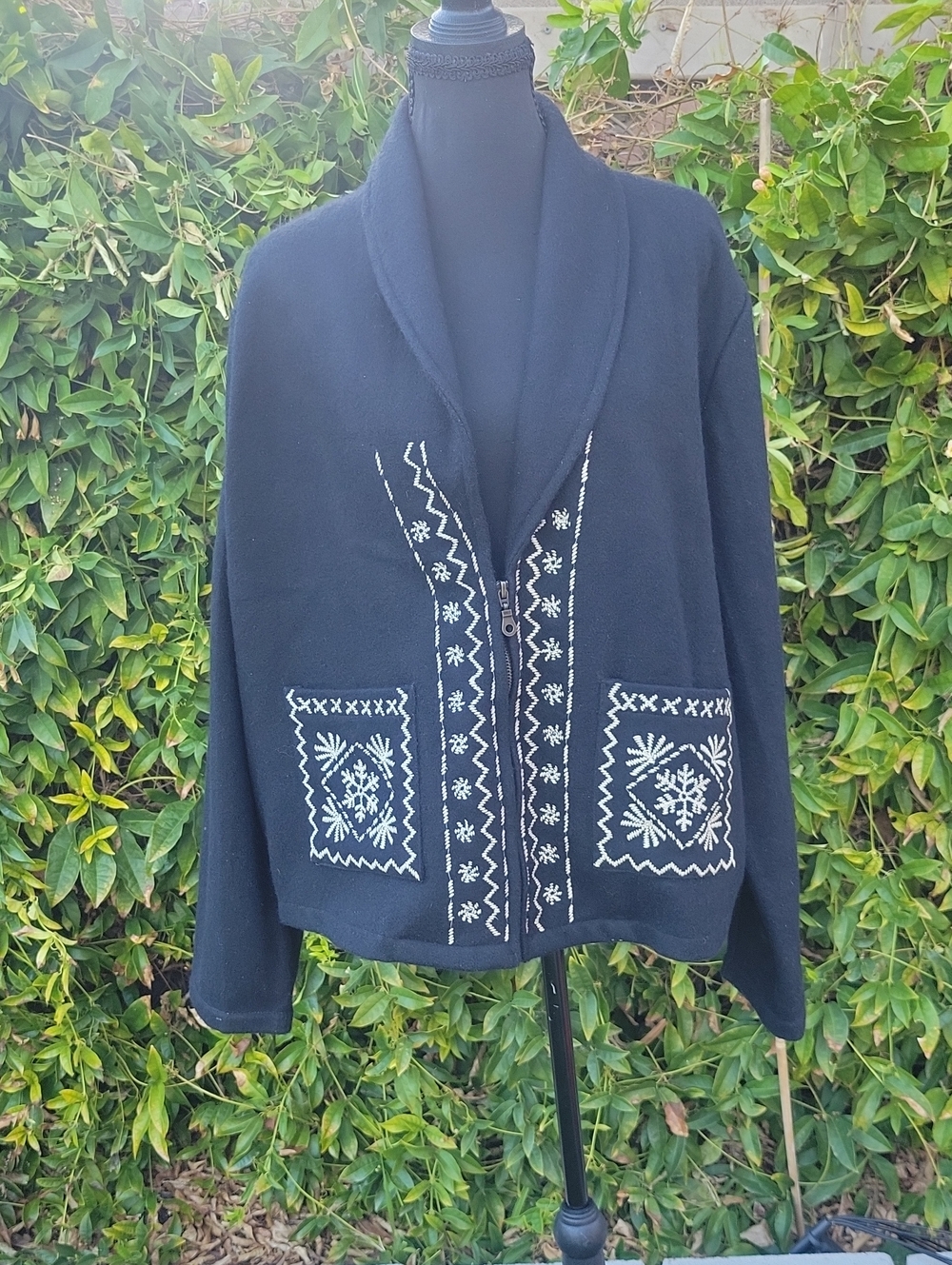 Vintage New Directions Black Wool Blend Jacket With Snowflake Embroidery